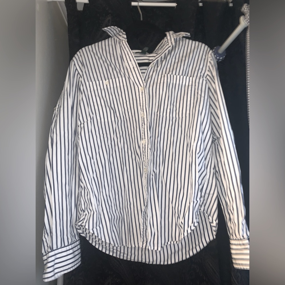 Button up dress shirt. Ralph Lauren. Size: medium.  White with navy blue stripes